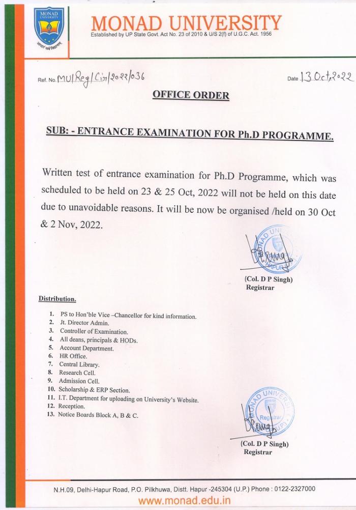 Ph.D. Entrance Exam Date Extended Notice- 2022